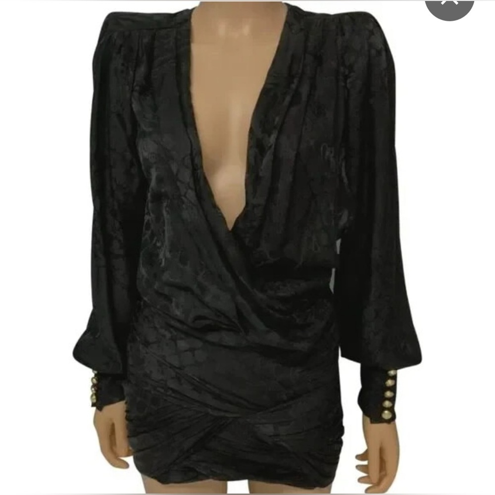 Balmain Black Long Sleeve Deep V Ruched Mini Dress